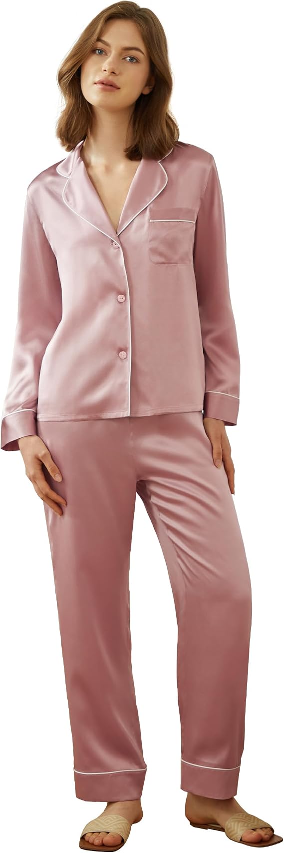 Mommesilk Silk Pajamas for Women Piped Long Sleeve Pants Ladies 100% Mulberry Real Silk Sleepwear Night Lounge Wear