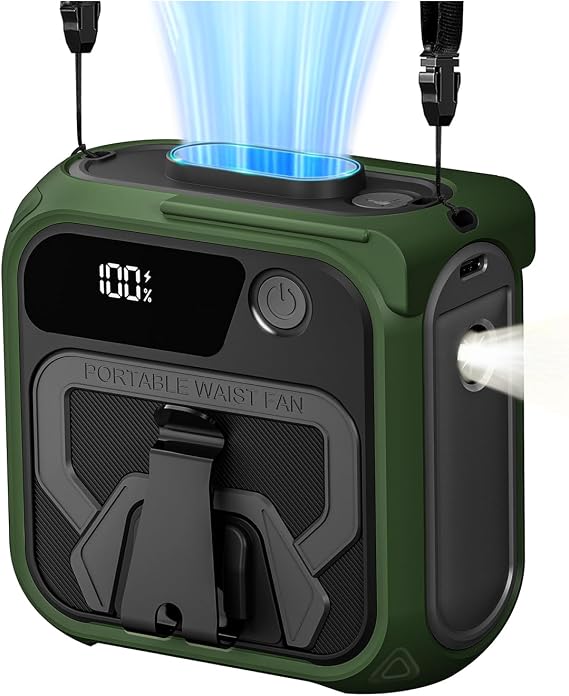 Portable Waist Fan Clip on Belt Fan 10000mAh, 36H Runtime, 5 Speeds & Flashlight, 16000RPM Rechargeable Hands-Free Personal Shirt Wearable Body Fans for Outdoor, Travel, Camping (Green)