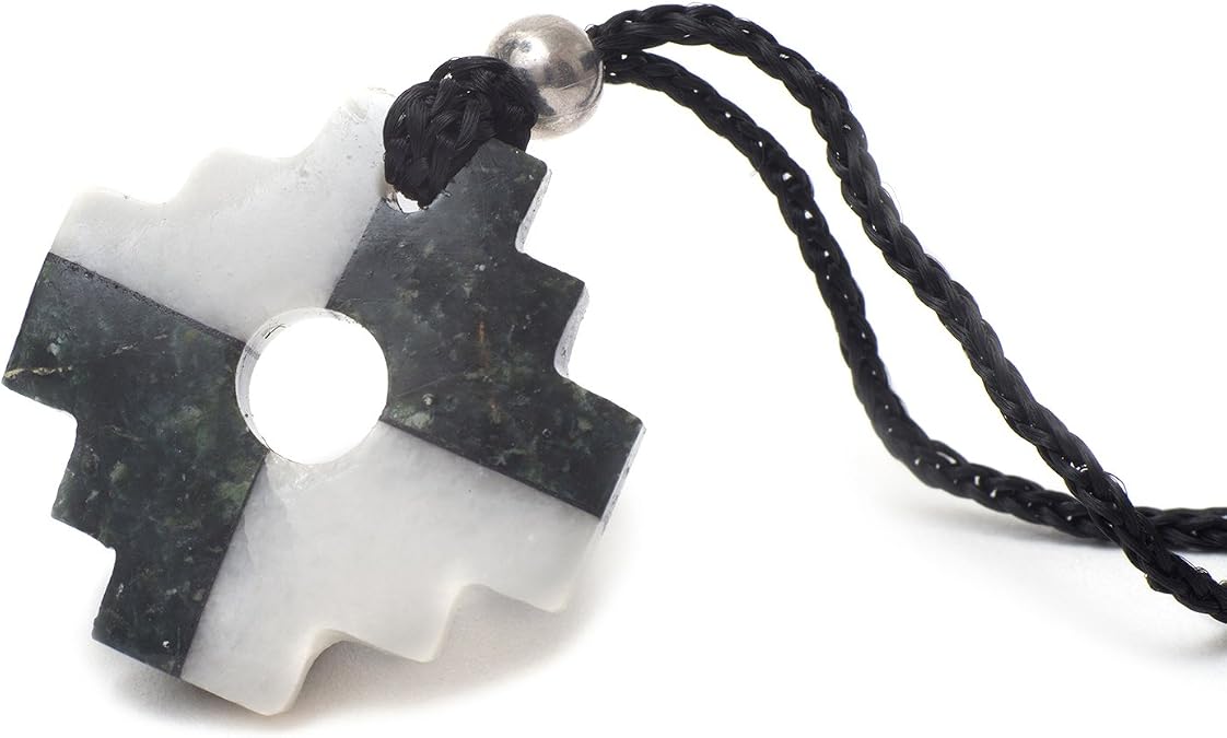 Shamans Market Peruvian Chakana Necklace - Two Color Stone - Black Serpentine & White Alabaster Andean Cross on 26 Inch Braided Cord - Handmade in Peru