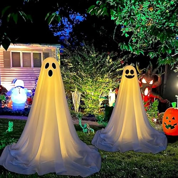 Jxueych 2 Packs Halloween Decorations Outdoor, Spooky Ghost Halloween Decor with String Lights, Battery Operated, Easy to Assemble Ghost Decorations for Front Porch Yard