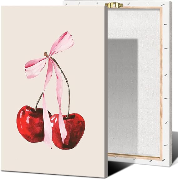 Cherry Pink Bow Poster for Girl Bedroom Coquette Feminine Poster Red Cherry Canvas Wall Art Trendy Bow Art Preppy College Apartment Print Coquette Girly Wall Art for Bedroom16x24in wooden frame