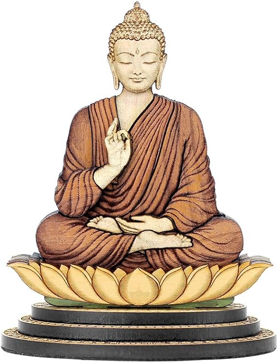 4 Inch Buddha - Wood Carved Statue in Exotic Hard Woods - Multi Layered Hand Made Wooden Buddha Idol for Car Dashboard, Home, Office, and Travel