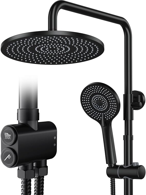 Rainsworth Shower Riser Rail Kit Matte Black, 10" Round Rainfall Overhead, 3 Jet Types Handheld Shower,Height Adjustable Shower Set Without Tap, Brass Diverter