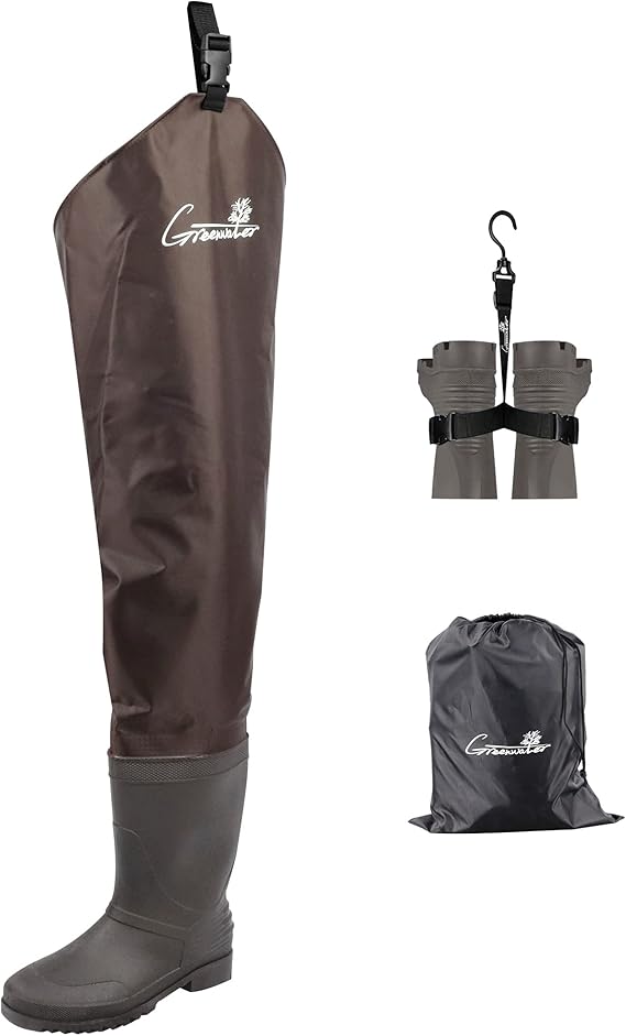 GREENWATER Hip Waders for Men Women with Boots Waterproof Lightweight | Tear-Resistant Nylon PVC Bootfoot Hip Boots,Cleated PVC Outsoles,Fishing & Hunting,Hanger & Bag Included