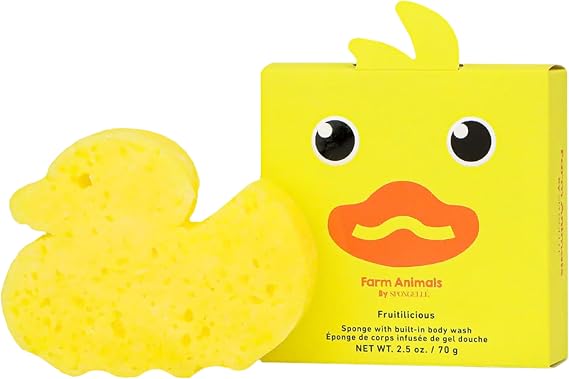 Spongelle Danny Duck Farm Animals Kid's Body Buffer | All Ages | Body Wash Infused Shower Loofah | Newborn Essentials & Baby Essentials | Cruelty-Free, Vegan, Dermatologist-Tested, Made in USA
