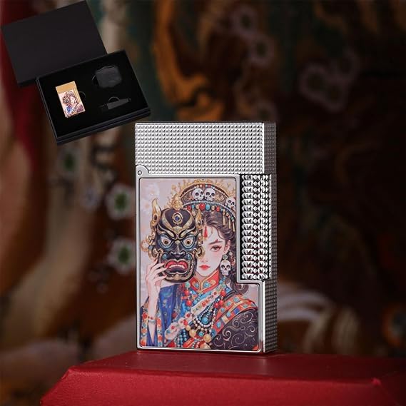 Old Classic Brass Windproof Butane Soft Flame Lighter Flip Top Piano Sound Side Slide Ignition Creative Pattern Luxury Men's Cool Lighter Gift(A1)