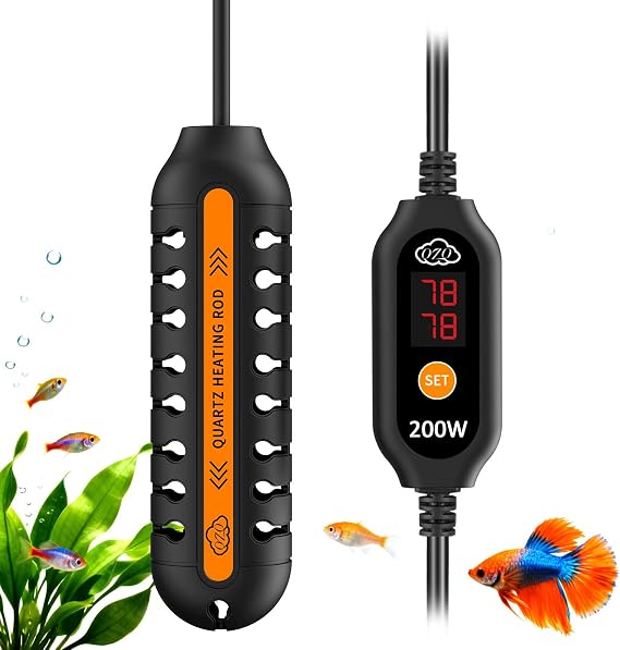 QZQ Aquarium Heater, 200W Adjustable Fish Tank Heater with Digital Display | External Temperature Controller, Submersible Turtle Tank Heater
