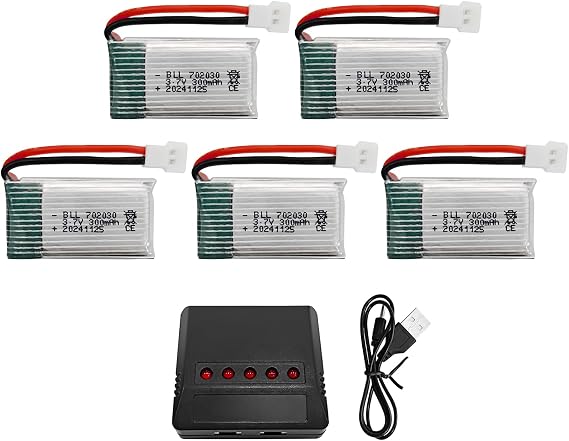 5PCS 3.7V 300mAh 25C Lithium Battery with 5-in-1 Charger for Syma X11 X11C WLToys V911S A120 XK A150 V966 FX801 UDI U830 U816A Hubsan X4 H107L DFD F180W F180C HS170 HS170C HS177 Drone
