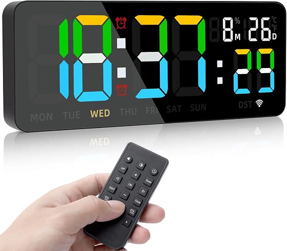 Fuloon Wifi Digital Wall Clock, 12.7" Large Led Digital Clock with Remote Control, Auto DST, Stopwatch, Timer Clock with Temperature/Humidity/Date/Week for Home, Office