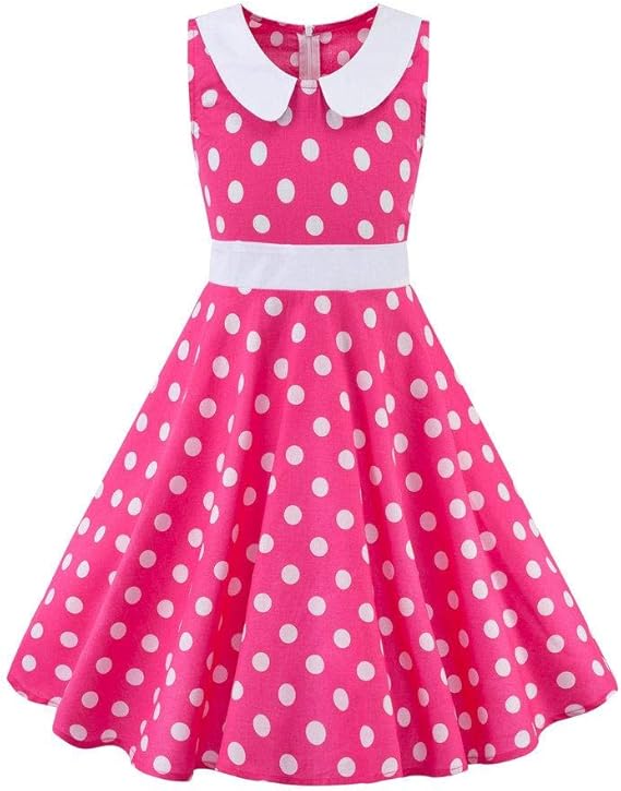 Kids Girls 50s Audrey Vintage Polka Dot Swing Party Rockabilly Dress Retro Peter Pan Doll Collar Wedding Casual Skater Dress