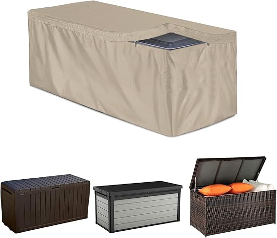 Patio Deck Box Cover with Zipper Waterproof Outdoor Garden Furniture Cover 420D Oxford Cushion Box Cover Storage Ottoman Bench Cover for Deck Box Container Rectangle (Beige, L:158 * 81 * 71)