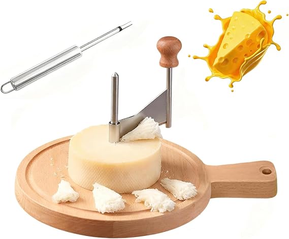 Cheese Curler Wheel, Stainless Steel Cheese Curler Wheel, Handheld Rotary Stainless Cutter Steel Blade and Wooden Base for Home Restaurants Cafes Bakery Dessert Shops