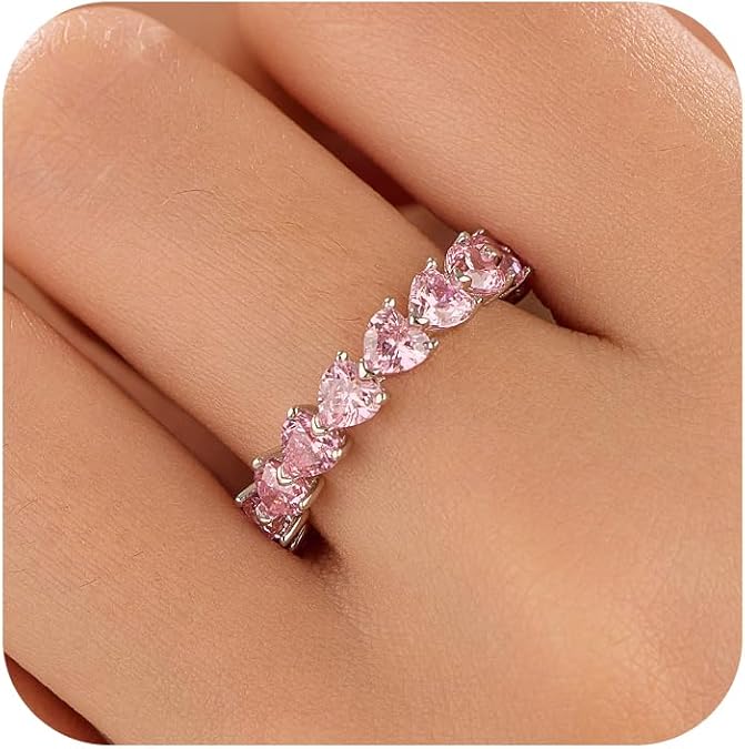 Dainty Pink Heart Rings for Women 925 Sterling Silver Promise Rings for Her Cubic Zirconia Eternity Engagement Wedding Band Purity Ring Mother Daughter Friendship Ring Bride Jewelry Birthday Gifts