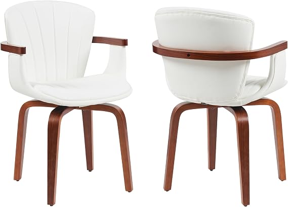 Swivel Dining Chairs Set of 2,White | Mid Century Modern PU Leather Kitchen Chairs with Arms,Bentwood Legs,Accent Chair for Dining Rooms and Offices
