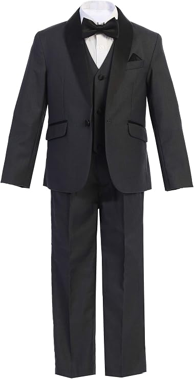Boys Premium Paisley Patterned and Solid Shawl Lapel Tuxedos - Many Colors (5, Charcoal Gray with Black Solid)