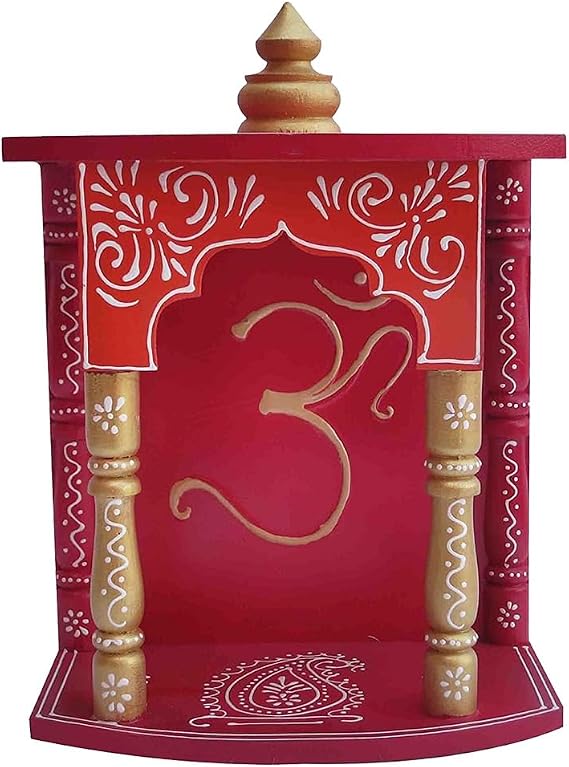 Pooja Mandir for Home, Wooden Temple for Home, Handpainted & Handcrafted Wall Hanging Decorative Pooja Cabinet, Hindu Temple Mandir for Home, Office, Shop with Shelf, (Red, 12" x 8" x 4.5")