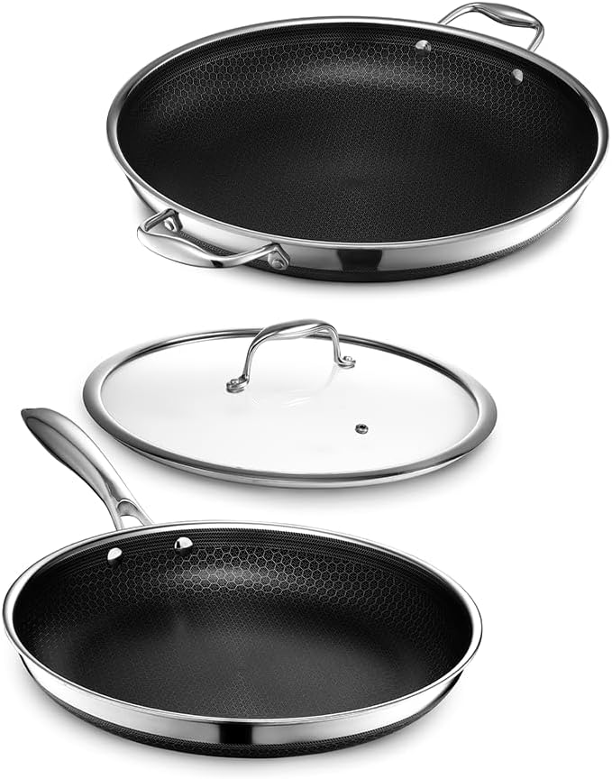 HexClad 4 Piece Hybrid Stainless Steel Cookware Set - 14 Inch Frying Pan with Lid and 12 Inch Frying Pan with Lid, Stay Cool Handles, Dishwasher and Oven Safe