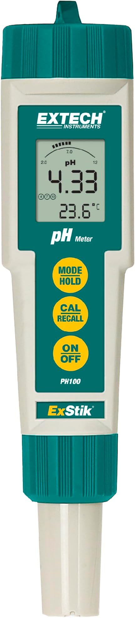 Extech PH100 Waterproof ExStik II pH Meter Kit, Flat Electrode | pH 0.00-14.00, waterproof, ATC, flat-surface electrode, temperature display, auto power off, sample cup