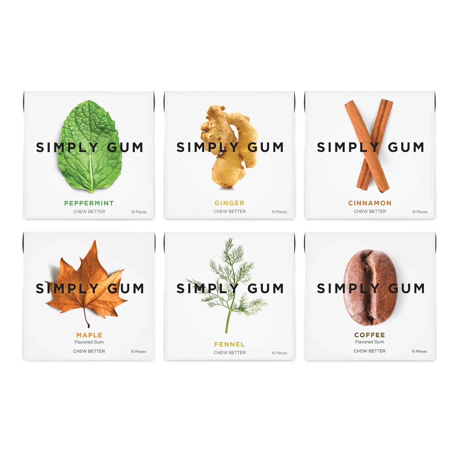 SIMPLY Gum | Variety Pack - Peppermint, Cinnamon, Ginger, Fennel, Maple, Coffee | Plant- Based Chewing Gum | Synthetic Plastic Free  Aspartame Free  non GMO