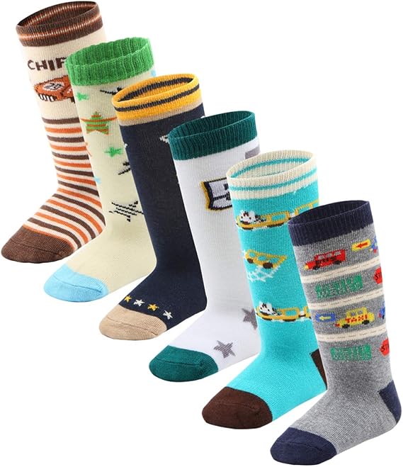 6 Pairs Toddler Boy Non Skid Socks Knee High Cotton with Grips, Baby Boys Anti-skid Socks (3-12 Months, 6 Pairs)