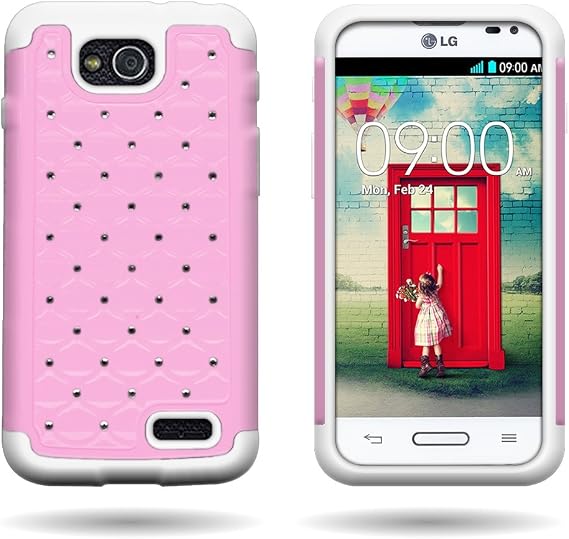 Wireless Central Hybrid Dual Layer Diamond Case for LG Optimus L90 D415 - Hard Light Pink Plastic + Soft White Silicone