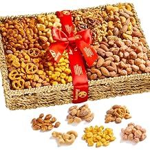 KREMERY Fathers Day Treats, Gift For Dad, Sweet & Savory Nuts and Pretzels Gift Basket (8 Assortments) Healthy Snack Care Package in Seagrass Tray with Ribbon, Kosher