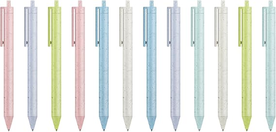 BallPoint Pens, Eco-Friendly Wheat Straw Cute Macaron Retractable Ballpoint Pen Set - 12 Pack | Black Ink Medium Point 1.0mm, Portable, Comfortable Writing | Office Bible Journaling Pens
