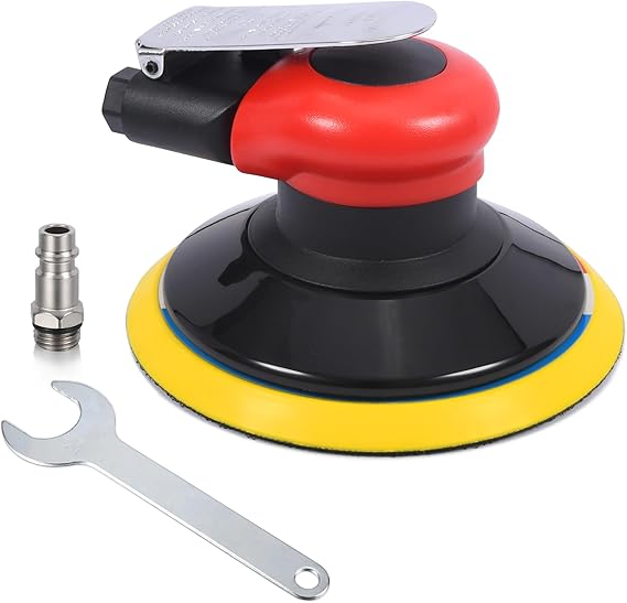 Professional Air Random Orbital Sander, 6-Inch Pneumatic Dual Action Palm Sander/Polisher, 10,000 RPM Variable Speed with Hook &amp; Loop Pad for Auto Body, Woodworking &amp; Metal (Red, 150mm)