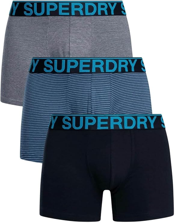 Superdry Men's 3 Pack Organic Cotton Boxer Briefs, Navy/Blue Stripe/Navy Feeder, M