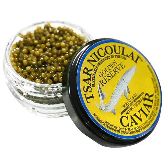 Golden Reserve White Sturgeon Caviar, Medium-Large Beads, Buttery Nutty Flavor, California (1oz Jar)