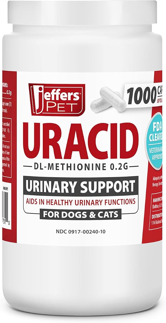 Jeffers Pet Uracid DL-Methionine Capsules for Dogs & Cats, Urinary pH Acidifier for Crystals, Bladder Stones, Urinary Tract Support, Fast Acting Urinary Health Supplement, Made in USA - 1000 Capsule