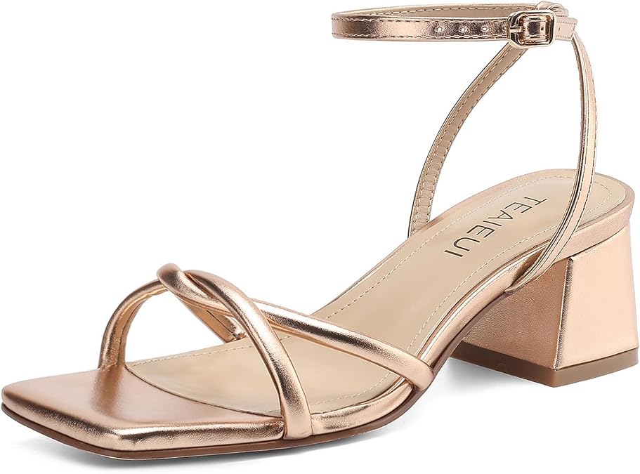 TEAIEUI Chunky Heels for Women, Square Toe Strappy Heeled Sandals, 2 Inch