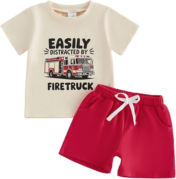 Toddler Baby Boy Fire Truck Shirt Set Summer Firefighter Outfit