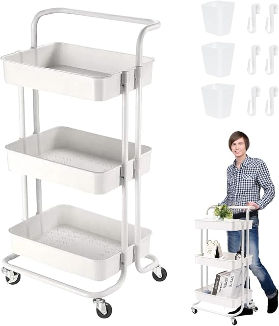 3 Tier Trolley Rolling Utility Storage Car with Wheels&amp;Hanging Cups&amp;Hooks | Storage Organization Shelves, for Kitchen, Bathroom, Office, Library, Coffee Bar Trolley Service Cart