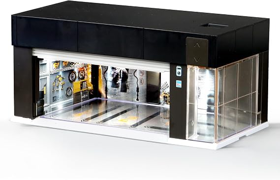 1/64 Electric Garage Display Case for Hot Wheels with LED Lights | Voice &amp; Touch Control, Stackable Diorama Garage, 3 Interchangeable 3D Scenes, Type-C/Battery Powered for Diecast Cars