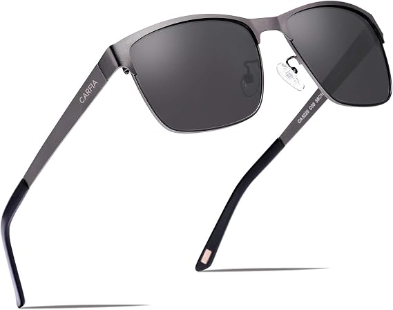 CARFIA Polarized Sunglasses for Men Spring Hinge Metal Frame CA5225 | Nickel-free Metal, Timeless Square Design, Shatterproof Lenses, Eliminate Glare, Includes Leather Case, for Driving, Daily
