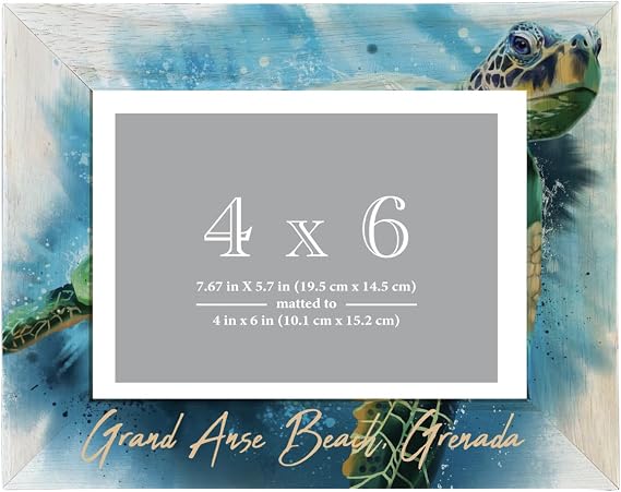 Grand Anse Beach Grenada Souvenir Wooden Photo Frame Turtle Design Matted to 4 x 6