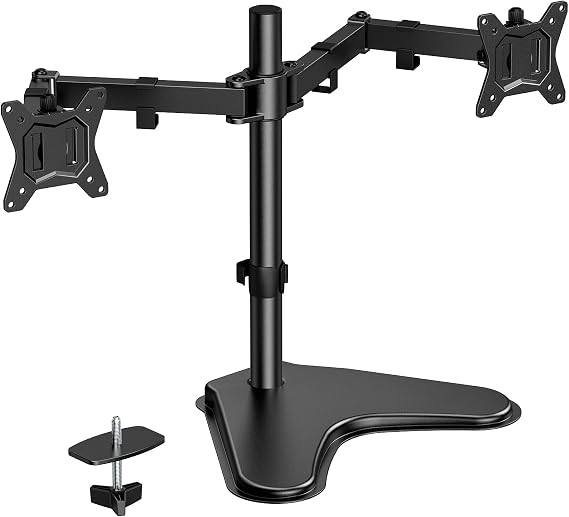 HUANUO 32 inches Dual Monitor Stand up to 17.6lbs per Arm, High-Grade Aluminum Free Standing Dual Monitors Mount for 2 Screens. Fully Adjustable Dual Monitor Stand for Desk with Tilt, Swivel, Rotation