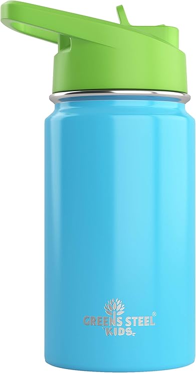 Kids Water Bottle - 350ml, Blue | Leak Proof with Straw &amp; Handle | 12 Cold | Insulated, Double Wall Stainless Steel | Easy Sip Toddler Cup | Child's Flask | Eco Friendly