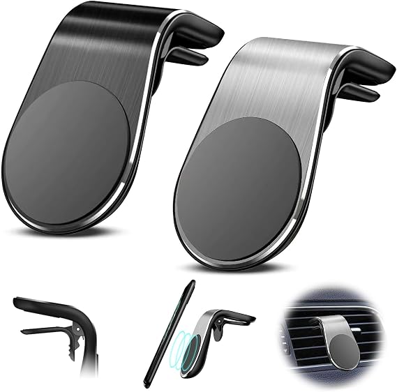 Mobile Phone Navigation Magnetic Bracket, Air Vent Phones Mount for Car, Universal L Type 360 Rotatable Car Phone Mount (Black+Silver, 2Pcs)
