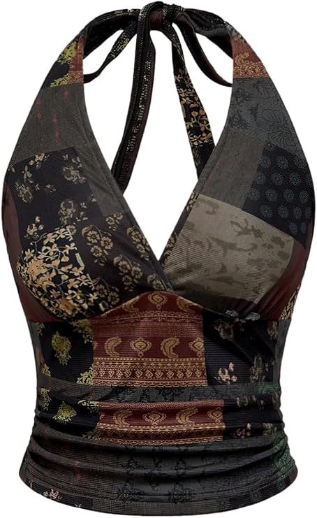 Milumia Women's Boho V Neck Halter Crop Top Retro Hippie Bandana Tank Tops | Mesh,Tie Backless,Bandana Top,2000S Clothes,Vintage,Festival,Concert Outfits,Y2K,Grunk