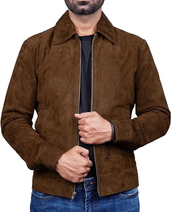 Men's Casual Polo Collar Premium Suede - Old School Classic Style Everyday Wear Suede Leather Jacket For Men