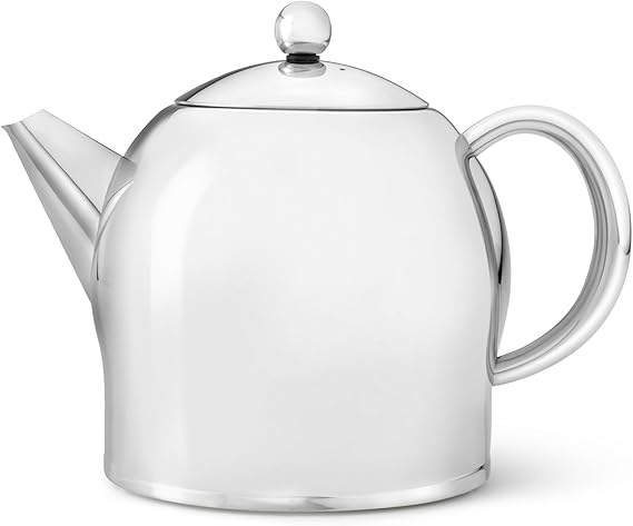 bredemeijer Santhee Double Walled Teapot, 1.4-Liter Stainless Steel Glossy Finish with Glossy Accents