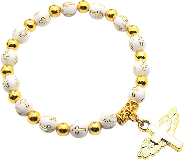 Angel Wing Cross Bracelet Religious Rosary for Baptism Church Event Women Gold