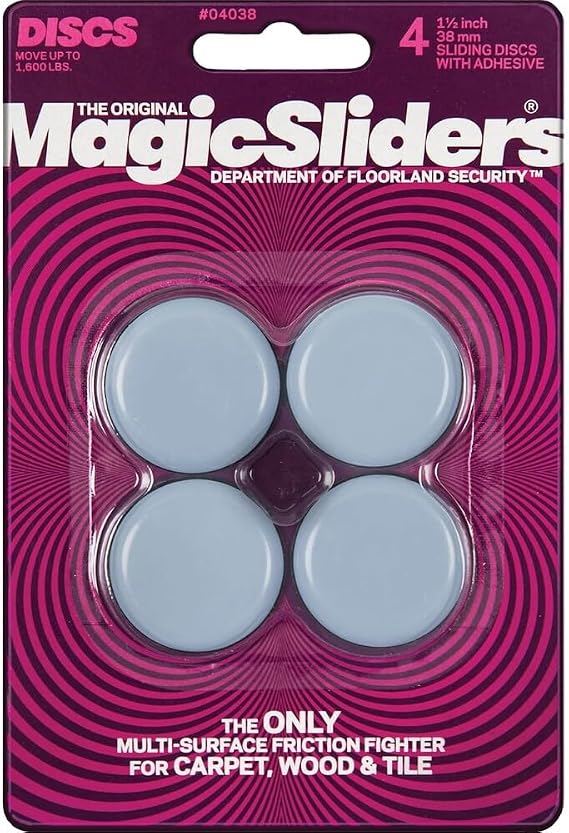 MAGIC SLIDERS 4038 Series 1.5" Reusable Furniture Sliders | Heavy-Duty Self-Adhesive Floor Protectors for Carpets & Hard Floors | Non-Skid Pads for Chairs, Tables, and Furniture (Pack of 4, Grey)