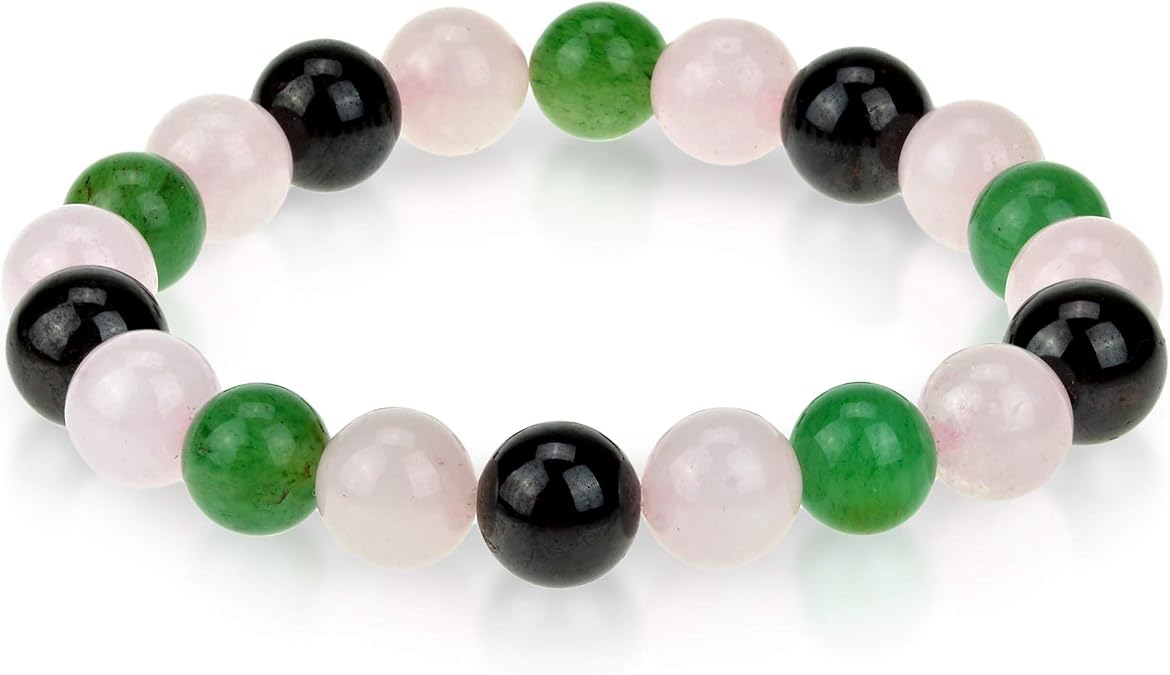 Crystal Agate Triple Stone Bracelet Rose Quartz, Red Garnet & Green Aventurine 10mm Natural Gemstone Beaded Stretch Bracelet Healing, Meditation & Reiki Energy Gift