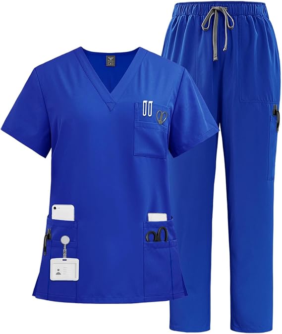 VIAOLI Scrubs Set Multiple pockets V-Neck Top and Drawstring Scrub Pant - Medical Uniform Women Scrub Set Clearance