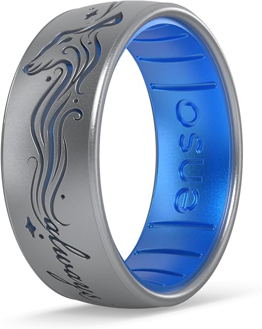 Enso Rings Wizarding World of Harry Potter Collection Dualtone Silicone Ring - Comfortable and Flexible Design - 7.99mm Wide, 2.18mm Thick - Always Patronus - Silver/Blue Topaz - Size 11
