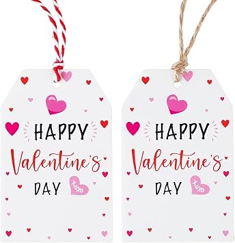 jijAcraft 50Pcs Valentines Gift Tags - Happy Valentine's Day Tags with String, White Paper Candy Bags Labels for Party Favors, Small Business, Classroom Exchange