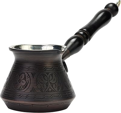 DEMMEX Thickest Copper Turkish Greek Arabic Coffee Pot, Stovetop Coffee Maker, Cezve Ibrik Briki with Wooden Handle & Spoon, Hand Engraved Antique Copper, 9 Ounces